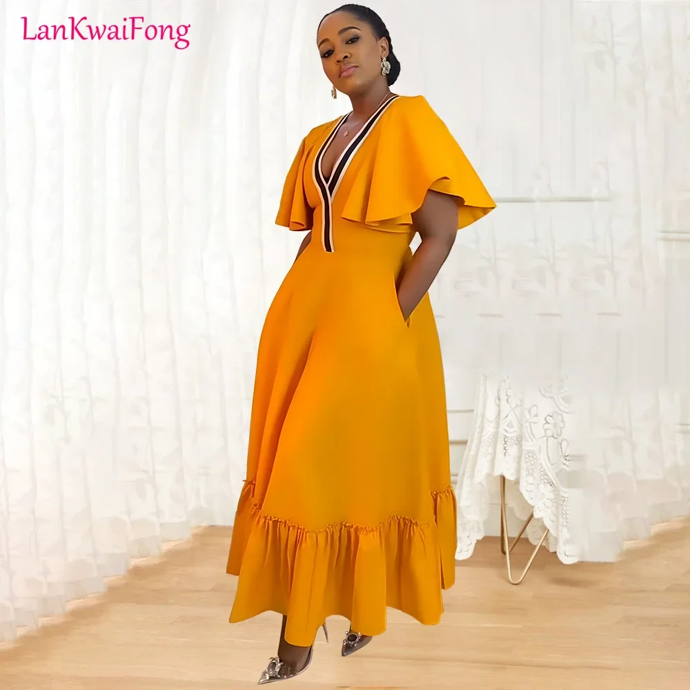 

Women's V-Neck Ruffle Sleeves Dress, Pleated Drawn, Loose, Leisure Banquet, Luxury, Spring Fashion, Wholesale, 2024