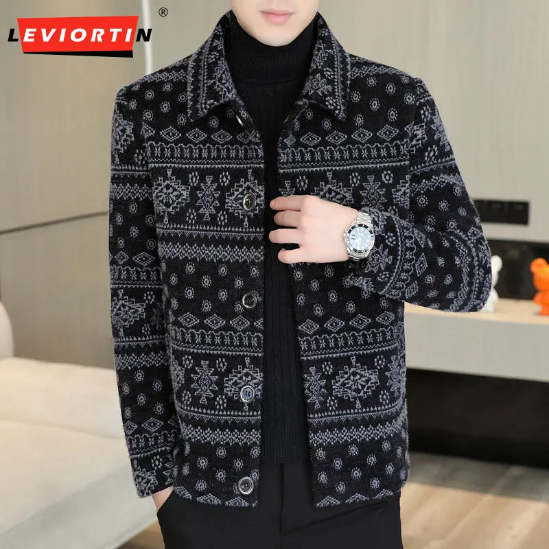 

Winter Retro Printed Woolen Jacket for Men Plush and Thickened for Warmth Wool Blends Trench Coat Lapel Casual Business Overcoat