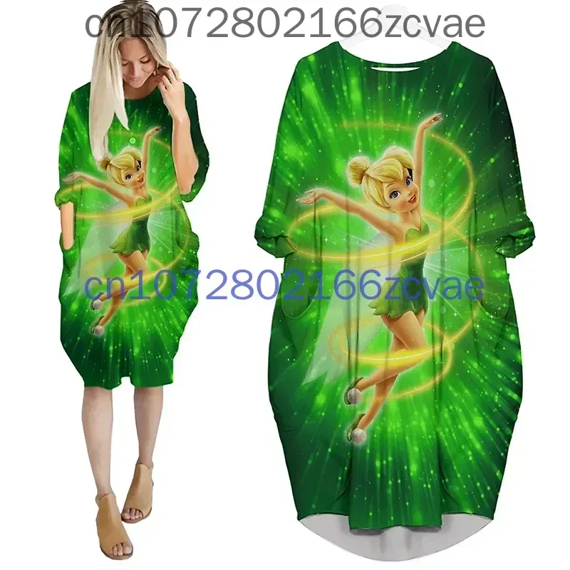 

New 2024 Tinker Bell Women's Batwing Pocket Dress Disney 3D Printed Oversize Fashion Street Girls Pullover Long Sleeved Dress