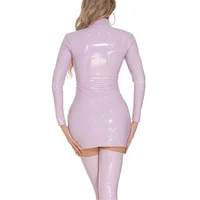 Sexy Patent Leather Skinny Stretch Dresses Women Front Zipper Cardigan Dress Stand-up Collar Short Gown Female Long Sleeve Frock - Image 6