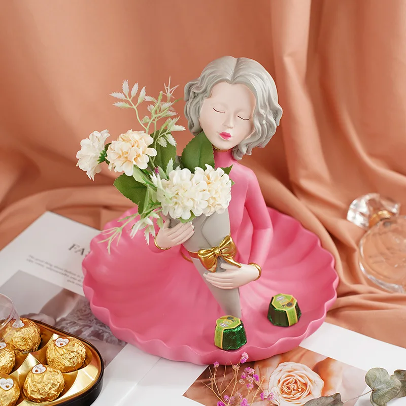 Simple Bouquet Girl Sculpture Ornament Resin Figure Vase Bedroom Jewelry Cosmetics Storage Box Fruit Candy Dessert Storage Tray 2