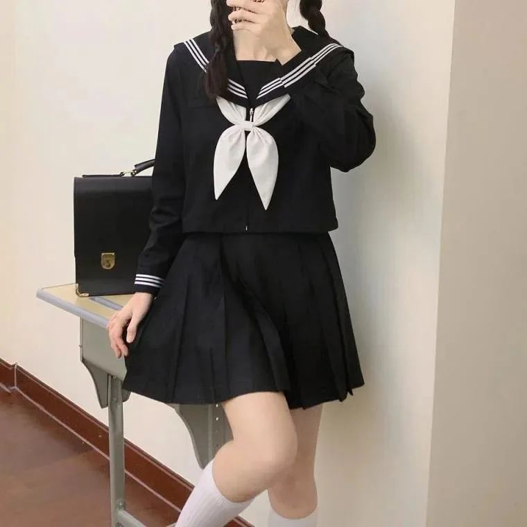 Japanese School Uniforms Student Style Girls Navy Costume Women Sexy Black JK Long Dress Suit Sailor Blouse Pleated Skirt Set