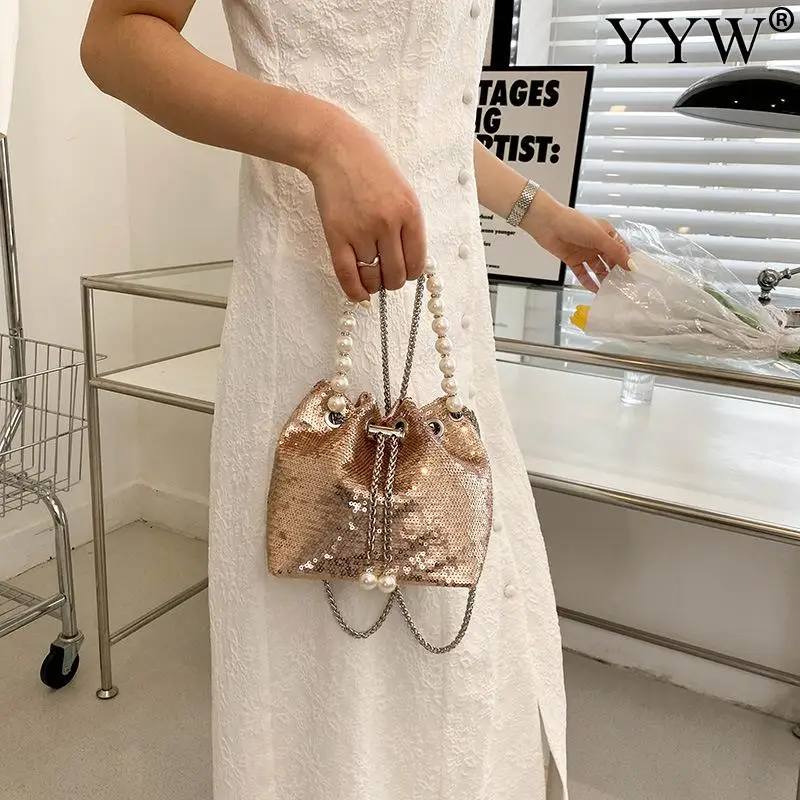 Fashion Women Bucket Shoulder Bag With Sequin Pearl Crossbody Baggirl Handbags Female Clutches Bolsos Evening Party Mini Purse