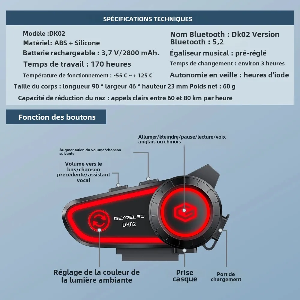 écouteurs Interphone Moto Écouteurs Moto VR2 Bluetooth - Lumière RGB, Étanche IPX6 - Commande Vocale, Batterie 1000mAh - Stéréo Hi-Fi Kit Mains Libres Moto