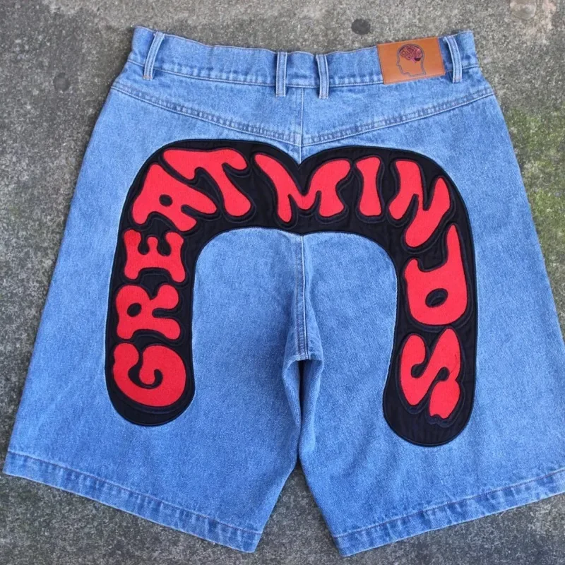 Summer colorful lettered denim shorts men's Japanese fashion brand straight loose sports five-quarter pants mid-pants