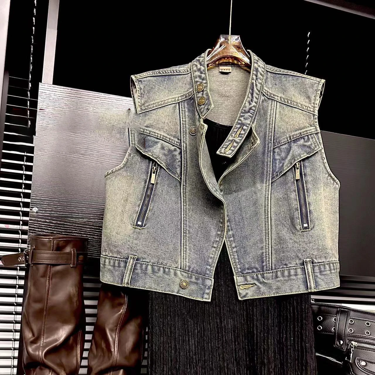 Leisure retro washed loose denim vest women's clothing 2024 summer stand up collar sleeveless top