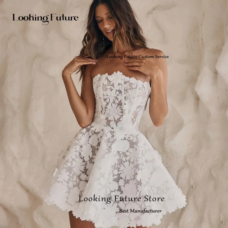 Simple Mini Short Wedding Dress Sleeveless Strapless A-Line 3D Lace Flowers Bridal Sexy Illusion Open Back Gown Customizd 2025 12 S1e90ba15a58744e4b0e054ab66f19819M