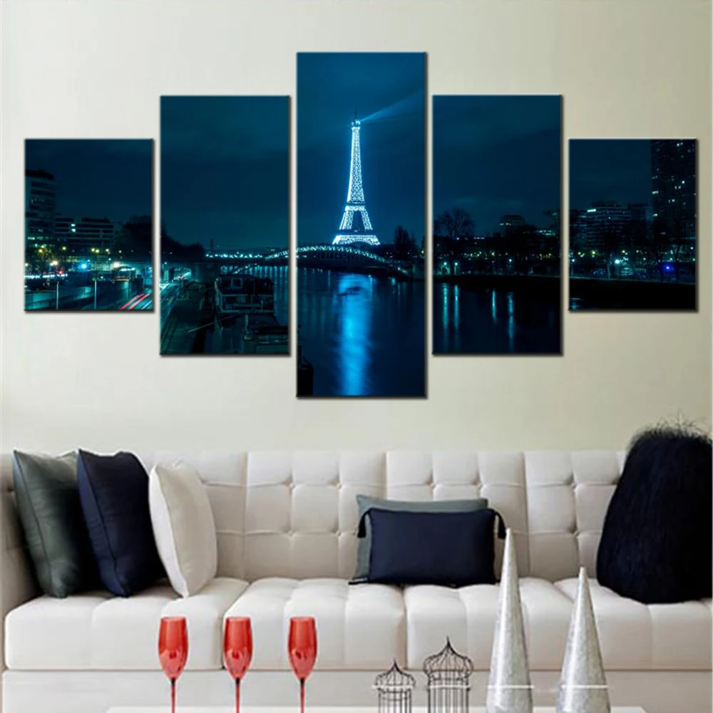 

5 Pieces Canvas Wall Arts Poster Painting Eiffel Tower Night Paris France Wallpaper Modular Picture Print Home Decor Living Room