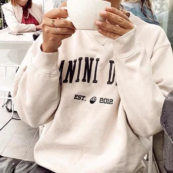 Women Loose O-Neck Sweatshirt Letters Cotton Red Long Sleeve Casual Female Simple Pullovers 2022 Early New