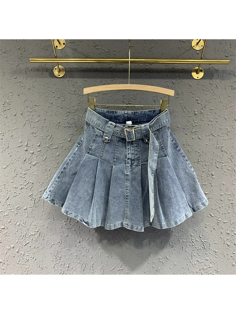 

Women's Light Blue Pleated A-Line Denim Skirts Y2k Harajuku Korean Vintage Aesthetic High Waist Mini Skirts 2000s Trashy Clothes