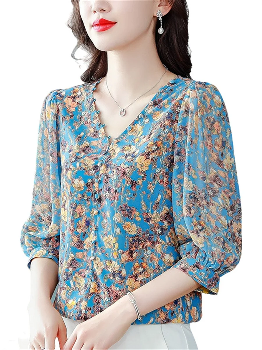 

Women Spring Summer Blouses Shirts Lady Fashion Casual Short Sleeve V-Neck Collar Flower Printing Blusas Tops G2120