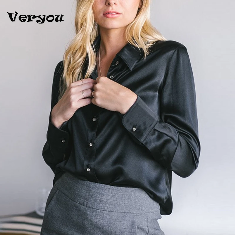 Elegant Black White Shirt Women Spring Autumn Long Sleeve Silk Satin