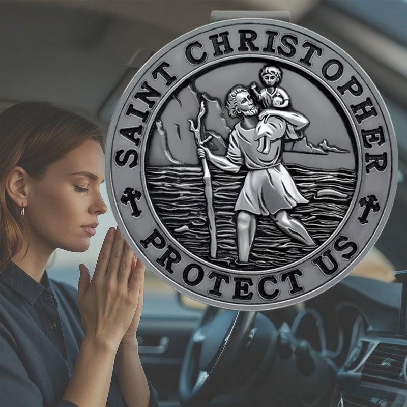 Clip per visiera di San Cristoforo per auto in metallo Amuleto di San Cristoforo Talismano di sicurezza Accessori auto Regalo per famiglie di conducenti - immagine 2
