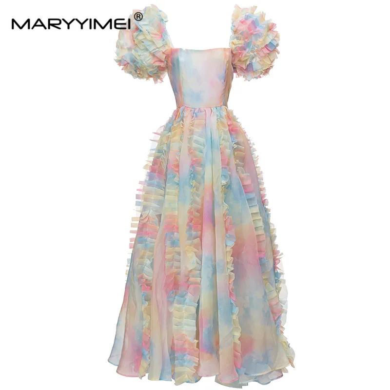 

MARYYIMEI Puff Sleeve Square Collar Colorful Print dress Spring Summer Ruffle Open Back Fashion Women's Banquet Long Dresses