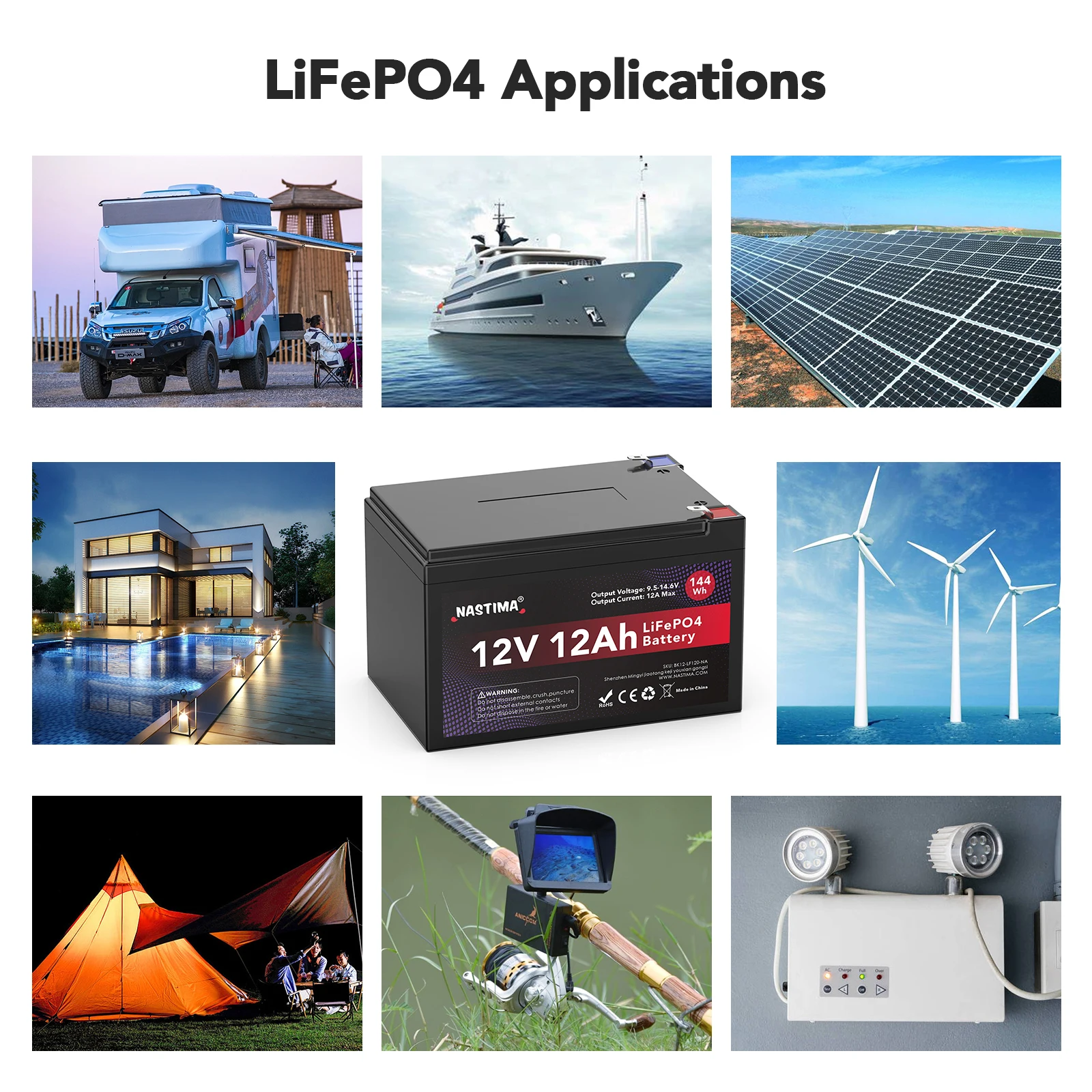 Bateria do Fosfato do Ferro do Nastima-lítio Bateria Lifepo4 Bms Incorporado 12v 12ah para o Barco Solar rv Fuzileiro Naval Armazenamento de Energia Home - Image 2