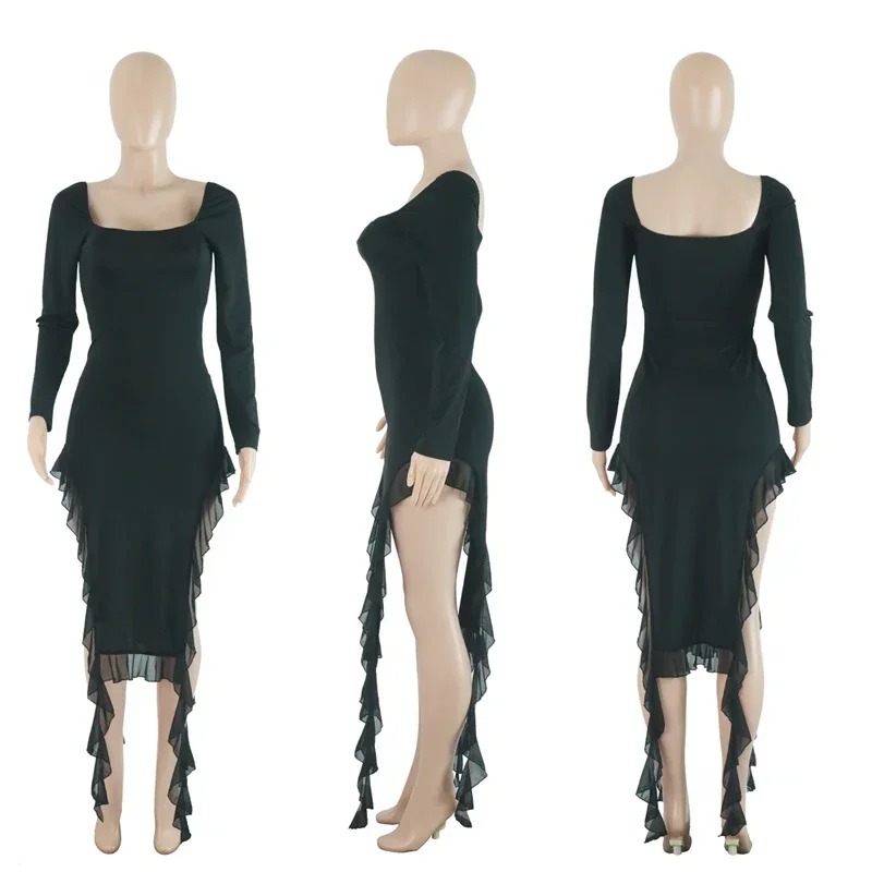 thumbnail image 1 of Vestido largo de fiesta con volantes y abertura alta sexy para mujer, vestido de noche largo elegante con cuello cuadrado y manga larga sin espalda para discoteca, 1 of 5