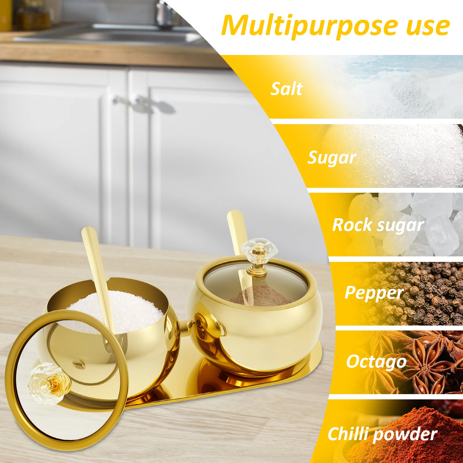Stainless Steel Seasoning Container Clear Glass Lid&Spoon Multifunctional Pot for Salt Candy Coffee Bean Kitchen Accessorie