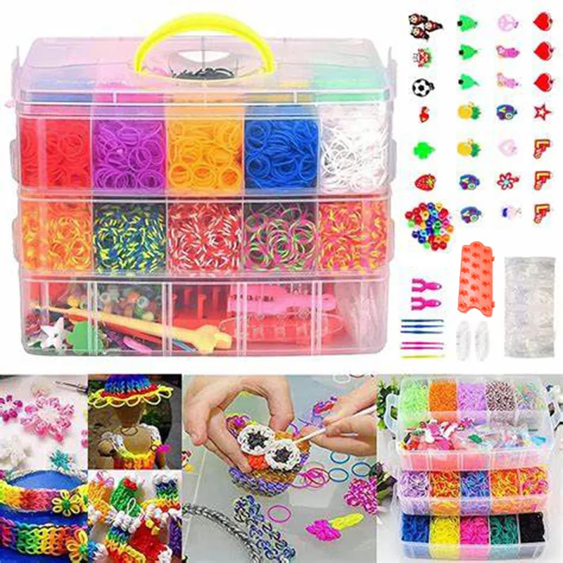 15000/4500Pcs Kit Box+ Rubber Loom Bands Children Mult-color Make