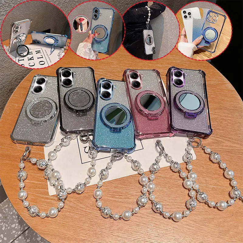 Bling Glitter Lipstick Mirror Phone Case with Pearl Chain and Shockproof Protection