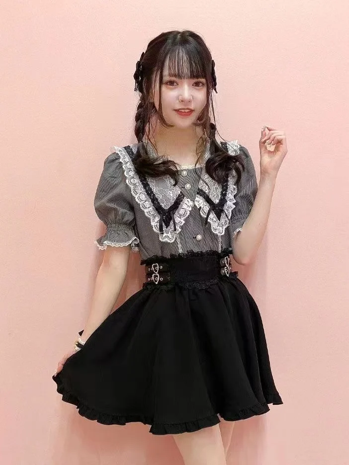 Japanese Mine Mass-Produced Heart Rhinestone Lace Ruffled Edge Lolita Skirts Fashion High Waist Slim Mini A- Line Skirt Women