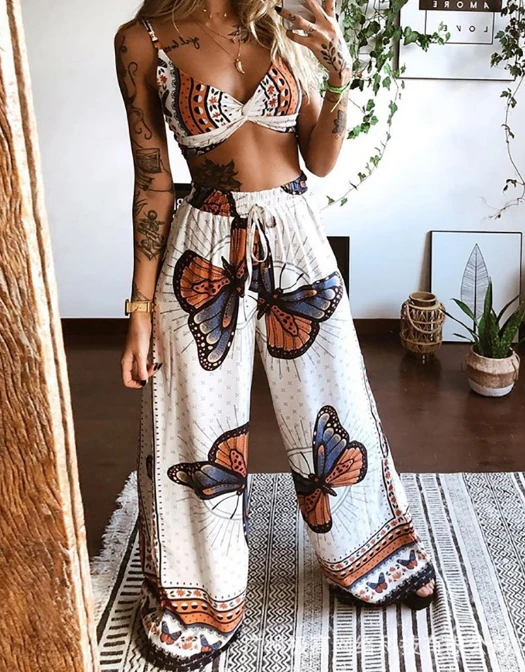 

Ladies Summer New Fashion Casual Hawaiian Vacation Sexy Bra and Loose Wide Leg Pants Butterfly Print Two Piece Set