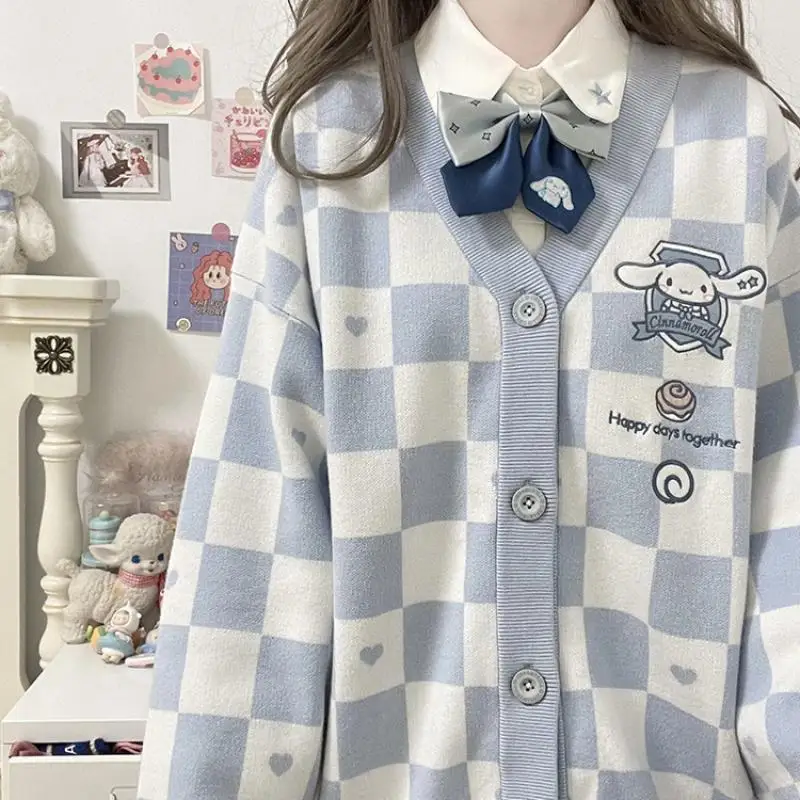 

Kawaii Sanrios Series Cinnamoroll My Melody Kuromi Jk Uniform Checkerboard Sweater Cardigan College Style Anime Loose Sweet Top