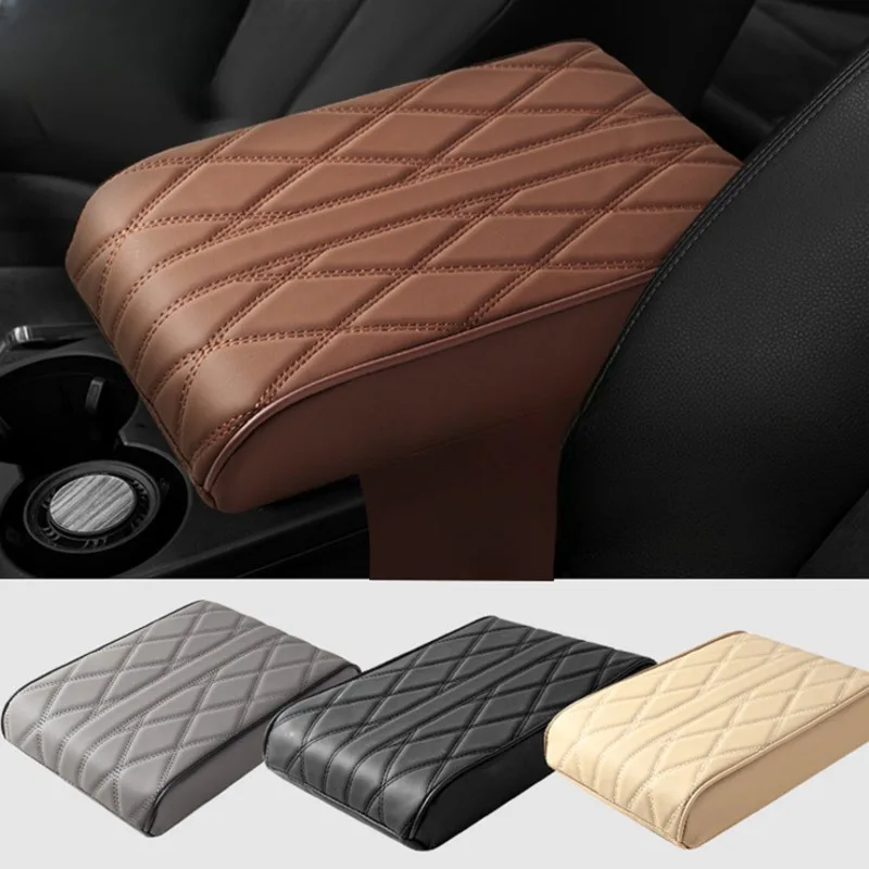 Universal Car Armrest Cushion Cover - Leather Console Box Pad, Front Center, Matte Black, Easy Fit, 1 Year Warranty