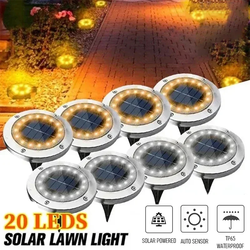 1~4Pack 8/20LED Outdoor Solar Power Disk Light Outdoor Garden Courtyard Underground Waterproof Decoration Buried Spotlight