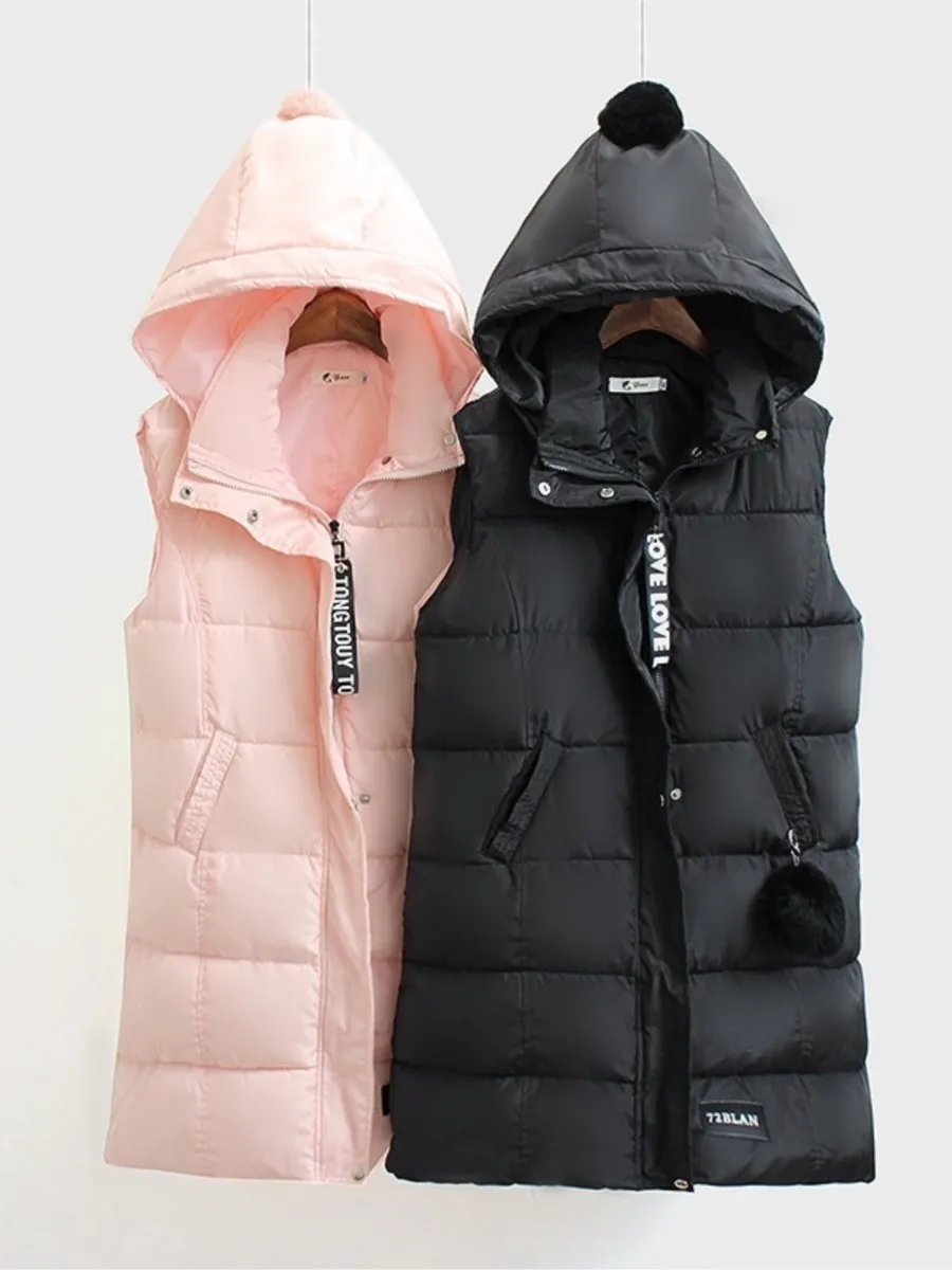 Women's Clothing Vests Jacket Plus Size Autumn/Winter Hairball Hooded  Sleeveless Warm Down Cotton Padded A-Line Zipper Long Coat