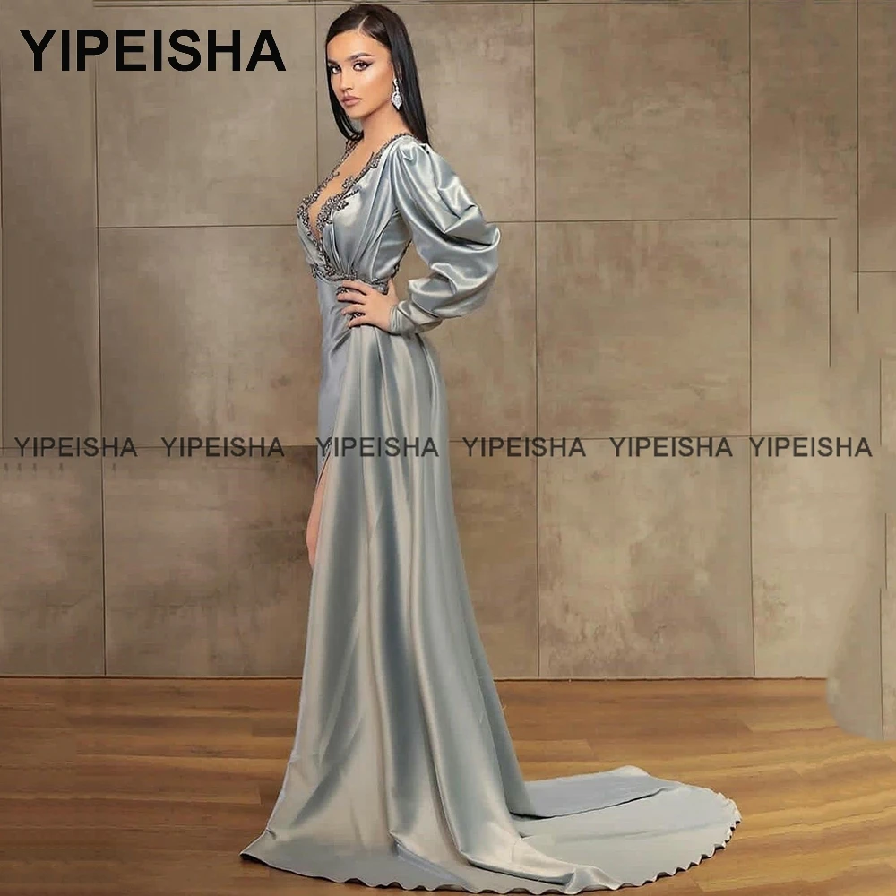 Yipeisha Luxury Crystals Mermaid Evening Dress with Slit Silver Pageant Prom Gown Long Sleeves Party Dress Formal Robe de Bal sexy evening dresses