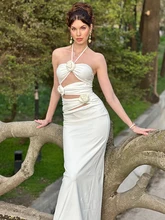  VC White Dress Woman Sexy Stereo Flowers Design Halter Sleeveless Elegant Party Evening Long Dress Vestidos 