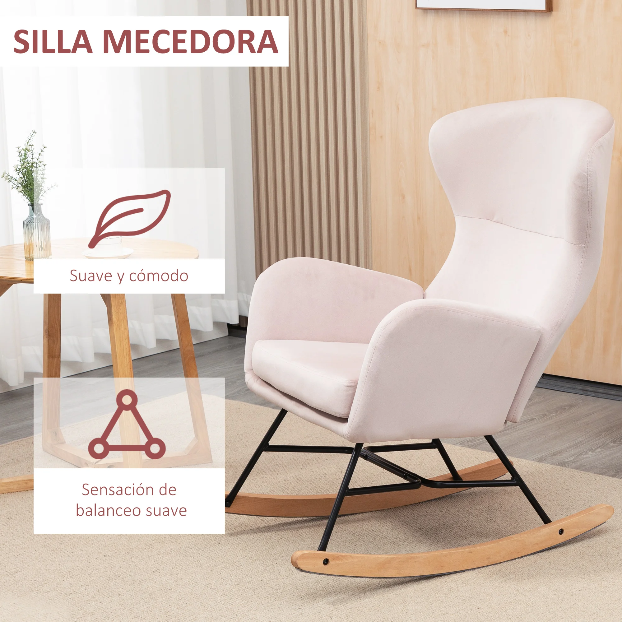 HOMCOM Silla Mecedora Tapizada Terciopelo Sillón Balancín Relax con Asiento Acolchado Reposabrazos y Pies de Madera de Haya para Salón Dormitorio 65x87x102 cm Rosa - AliExpress