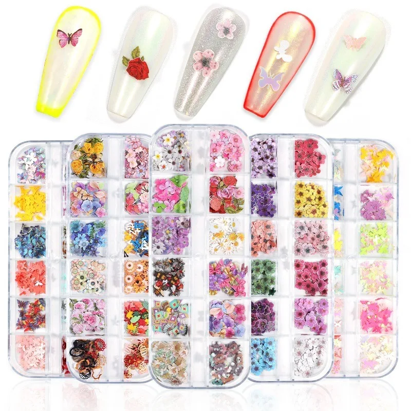 

1 Box 3D Flower Butterfly Nail Decoration Christmas Halloween Natural Floral Sticker Mixed Leaves DIY Nail Art Decals Gel