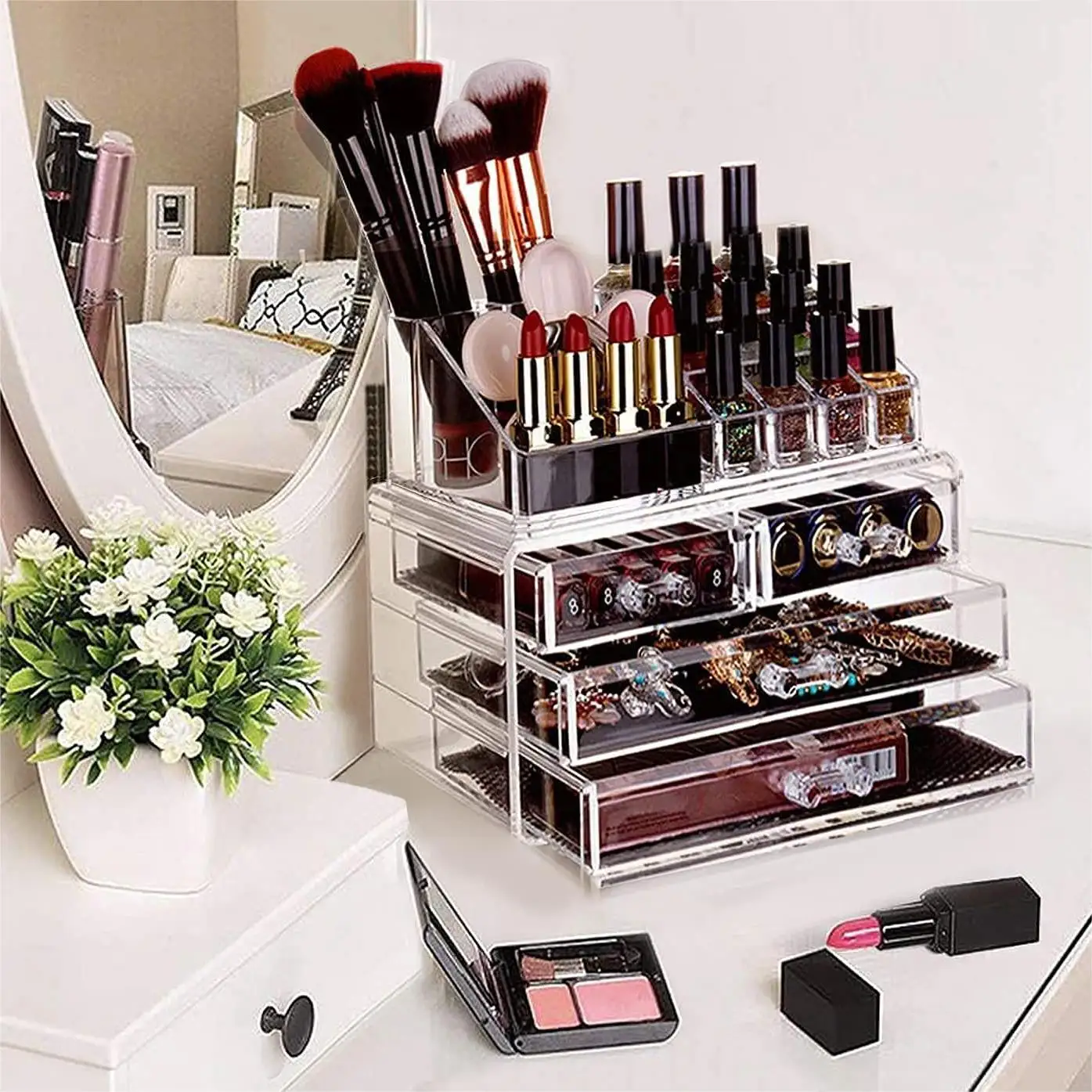 Transparent Acrylic Cosmetic Organizer Jewelry Skin Care Product Display Case Multi-Grid Stackable Storage Boxes