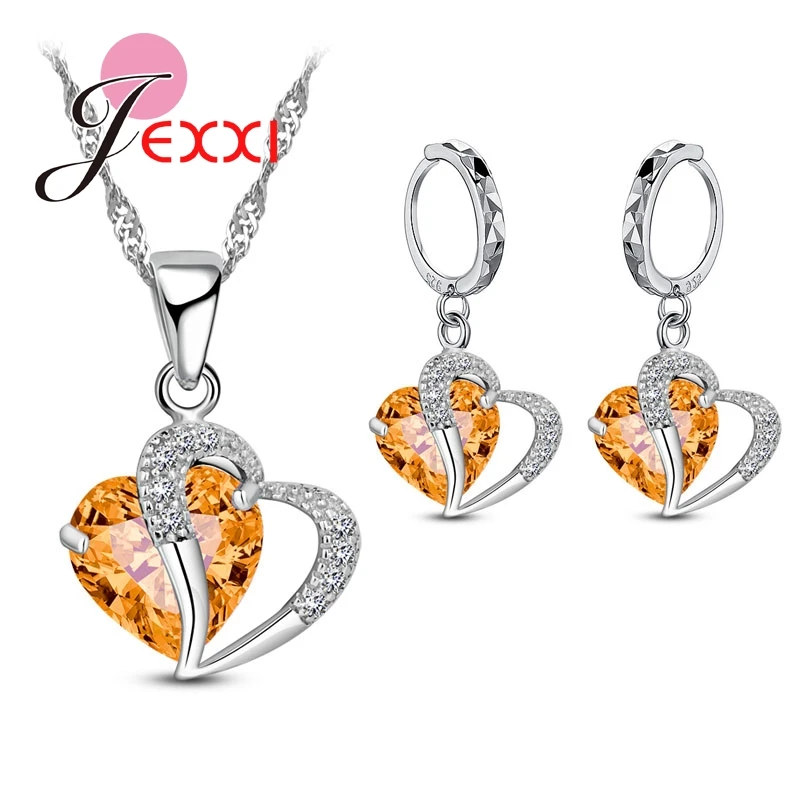 100 % echtes 925er-Sterlingsilber-Schmuckset, glänzender kubischer Zirkon, Herz-Anhänger, Halskette, Brisur-Ohrringe für Frauen, Geschenke – Detail 5