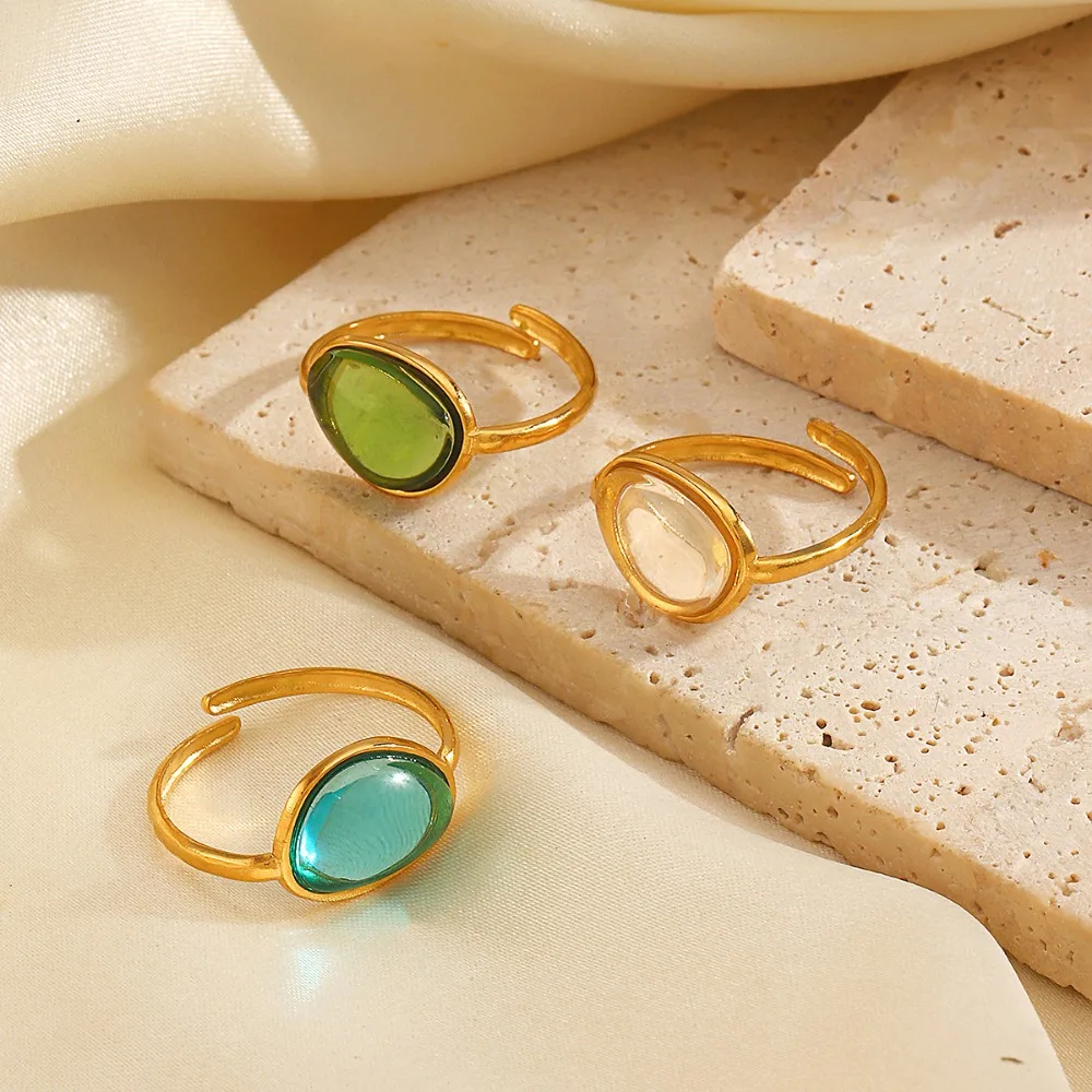Fashion Transparent Multicolour Resin Opening Rings for Women Girls Stainless Steel Natural Stone Adjustable Finger Ring Jewelry