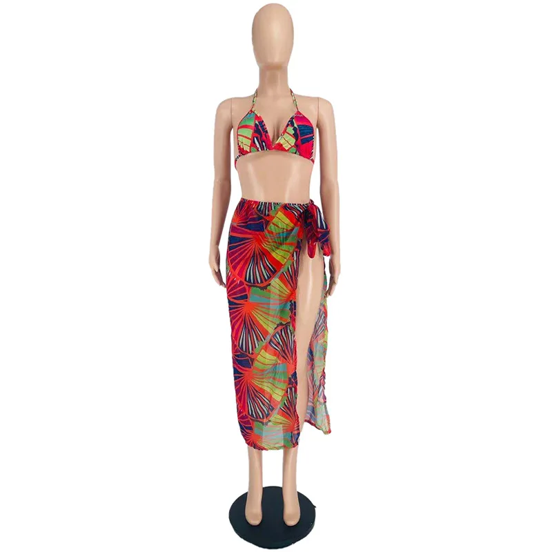 Plus Size Women Bikini Chiffon Print Bra Tops And Dresses 2022 Summer Three Two Piece Set Fashion Swimwear Designer Swimsuit