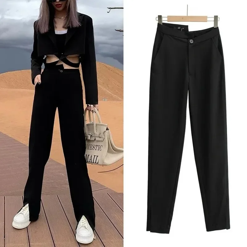 Irregular Design Straight Harem Pants Solid Colors High Waist Loose Blazer Suit Pants Women Black Cool Fashion Tailored Trousers woman jeans high waist wide leg pants korean loose trousers mom jeans white embroidered letter irregular cotton linen shirt