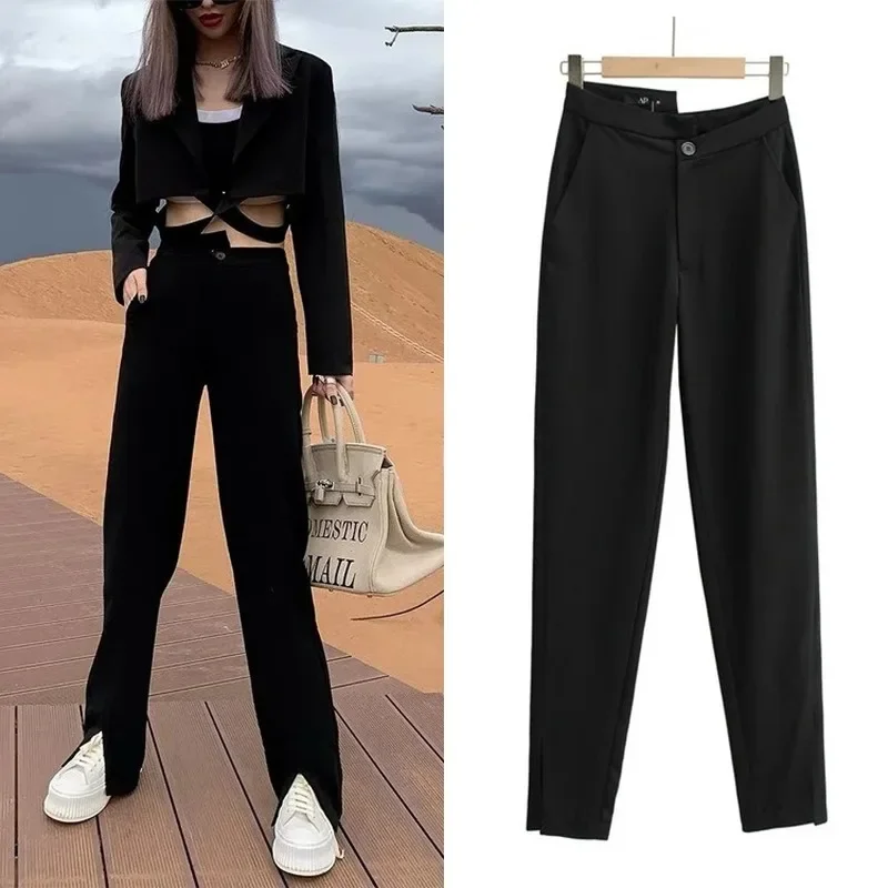 Irregular Design Straight Harem Pants Solid Colors High Waist Loose Blazer Suit Pants Women Black Cool Fashion Tailored Trousers