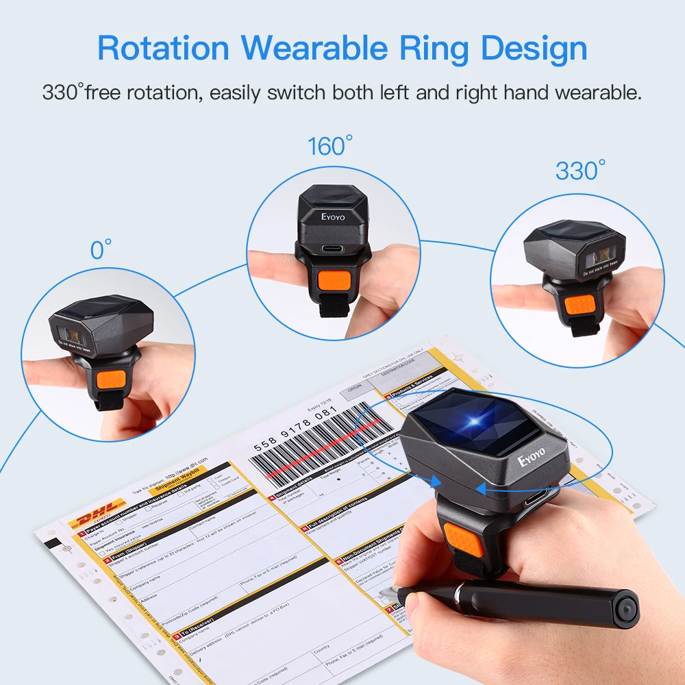 Eyoyo EY-016 1D&2D Wearable Bluetooth Barcode Scanner USB Wired QR Reader For Store Warehouse Finger Trigger Buttton Scanning