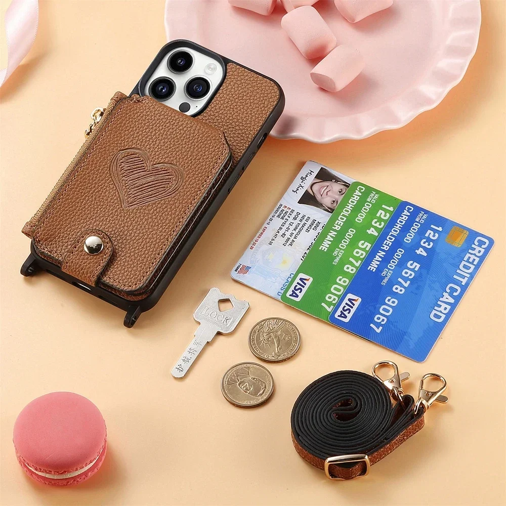 Crossbody Leather Wallet Phone Case with Magnetic Card Holder and Zipper