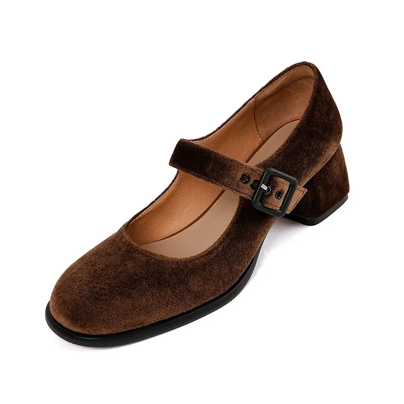 

Classic Women Medium Heels Round Toe Belt Buckle Pumps Female Spring and Autumn Mary Janes Velvet Square Heel Shoes Size 34-40