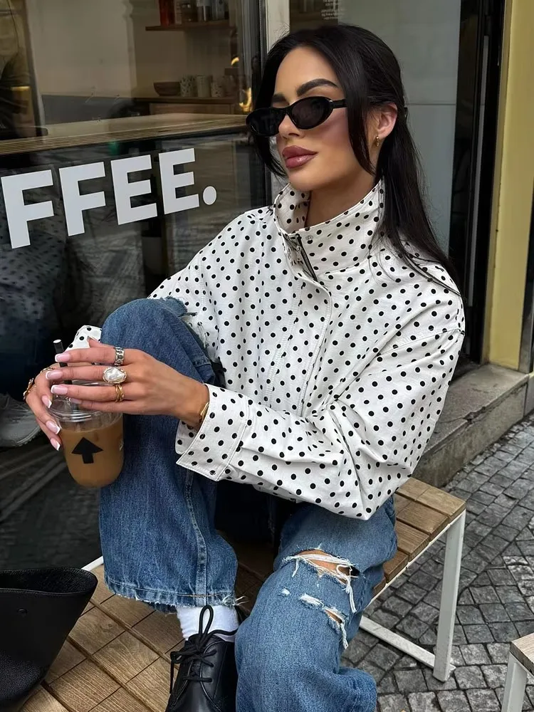 HH Women Vintage Polka Dot Coat Casual Loose Turtleneck Long Sleeve Zipper Jackets Autumn Fashion High Street Lady Outwear