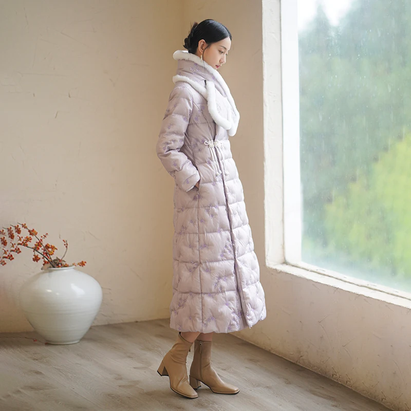 Winter Mid-Length Thick down Jacket Embroidery Vintage Chinese Style Traditional Chinese Knot Button Coat