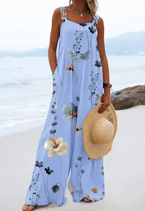 2024 New Summer Jumpsuits New Fashion Square Neck Floral Print Wide Leg Suspender Overalls Loose Rompers Daily Vacation Jumpsuit