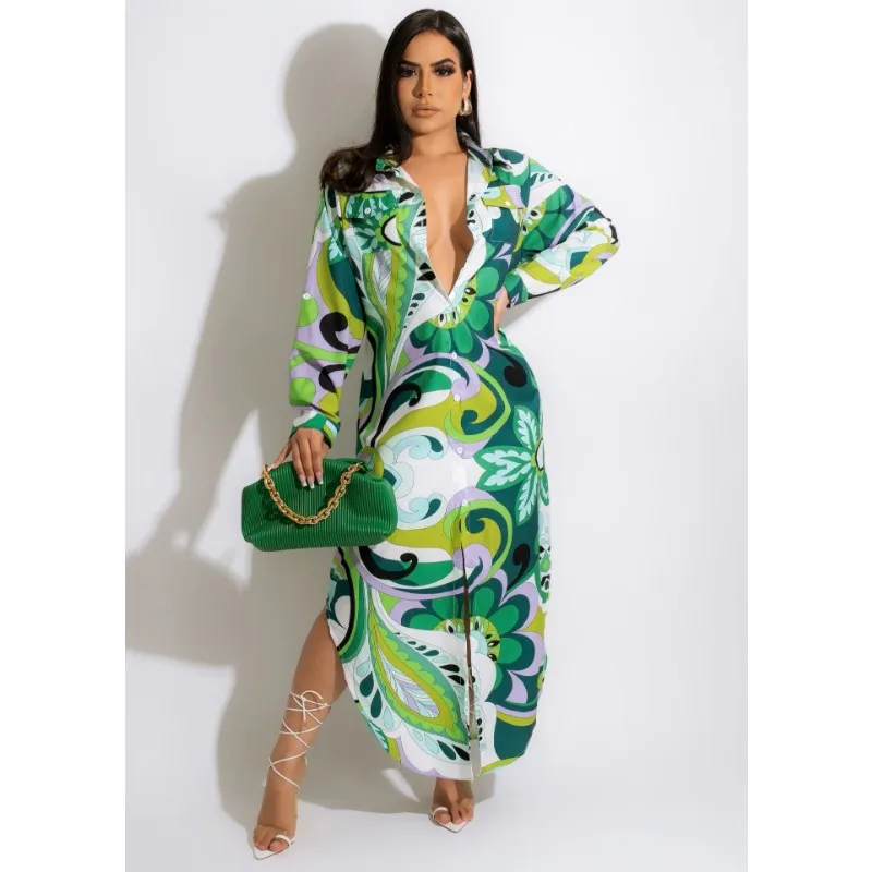 

Wepbel Summer Lapel Long Style Cardigan Shirt Dress Y2K Sexy Shirt Dress Women Long Sleeve Slim Fits Irregular Hem Shirt Dress