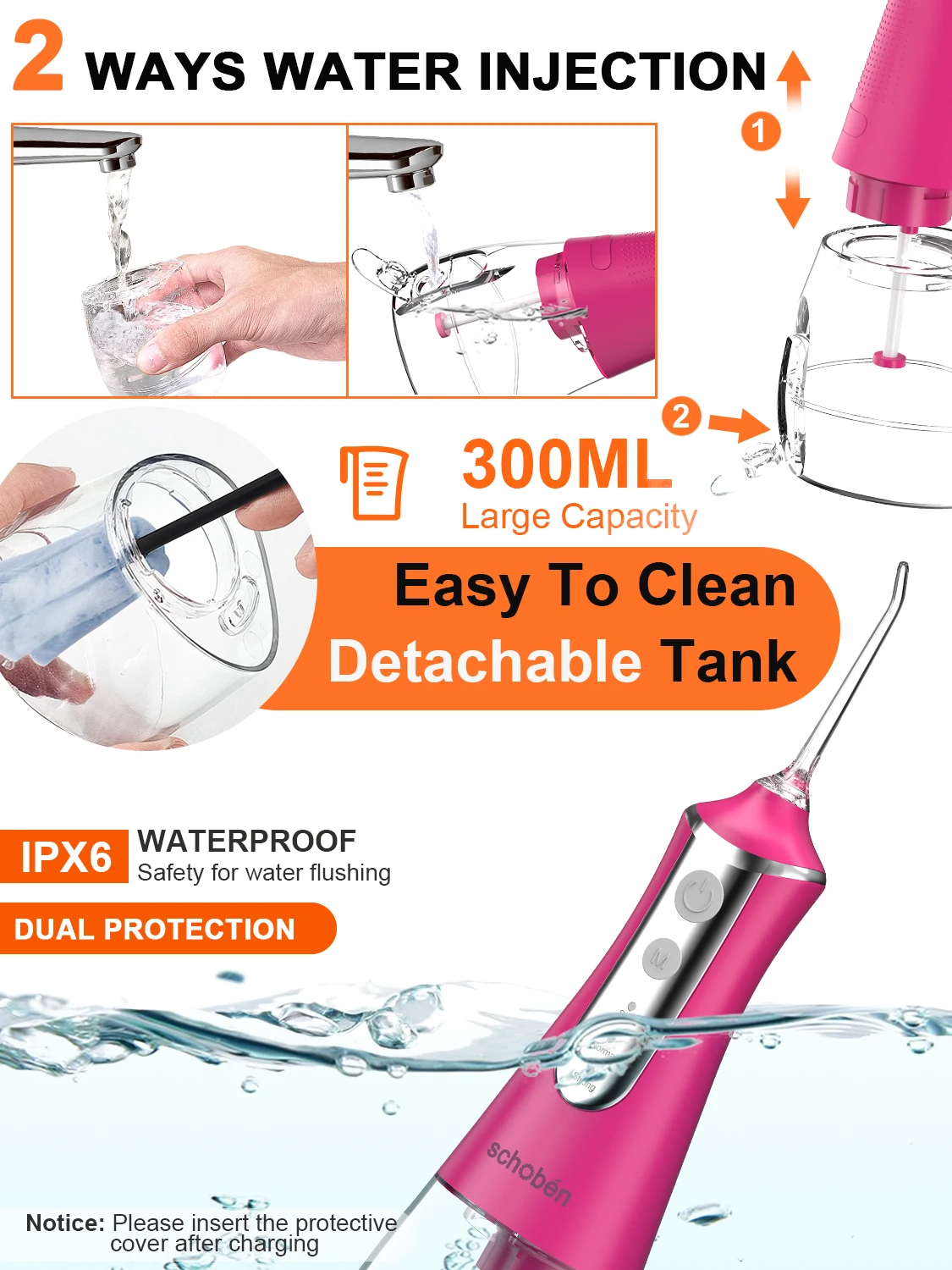 Schoben Dental Oral Irrigator Water Flosser Pick for Teeth Cleaner Thread Mouth Washing Machine 5 Nozzles 300ml Floss Jet dental cleaner,oral irrigator,water flosser