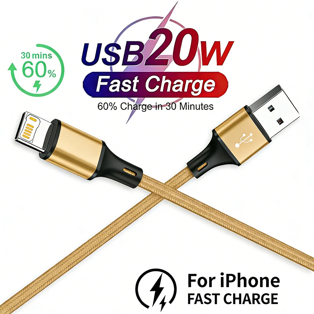 20W USB 고속 충전 케이블 (아이폰 X, XR, XS, 11, 12, 13 미니, 14 프로 맥스, 6, 6S, 7, 8, 14 플러스, SE용) 고속 충전 코드 나일론 편조 케이블