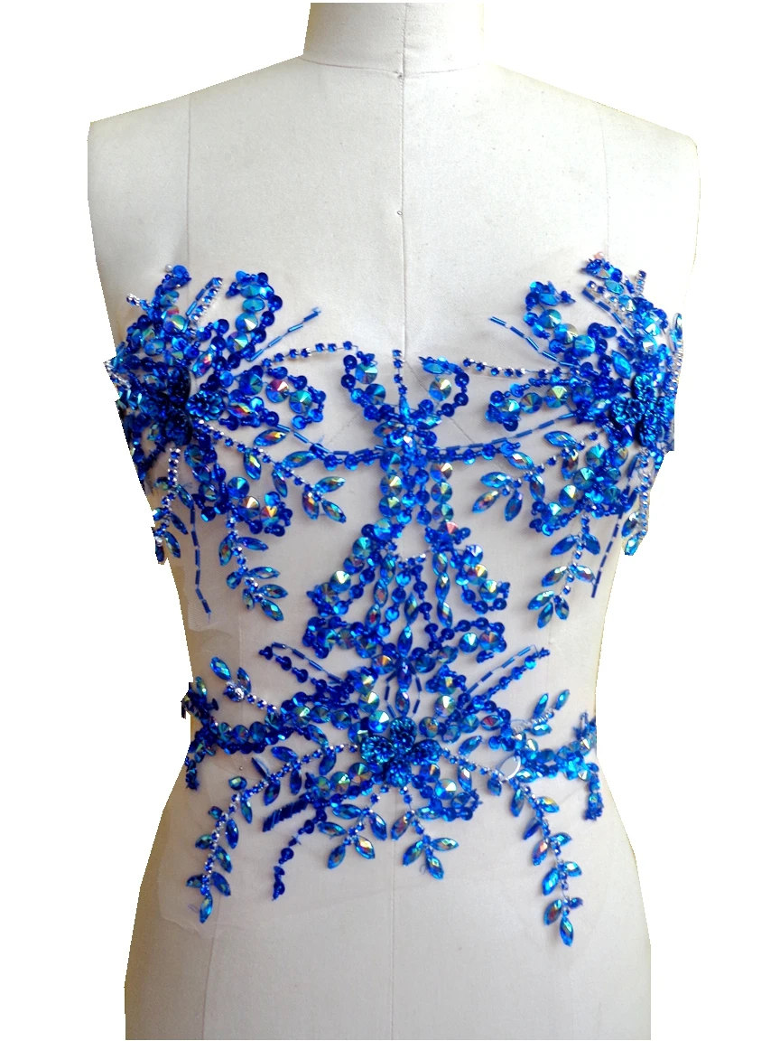 

A60 Deep blue Handmade crystal patches sew on trim Rhinestones applique with stones sequins beads 34*34cm for dress