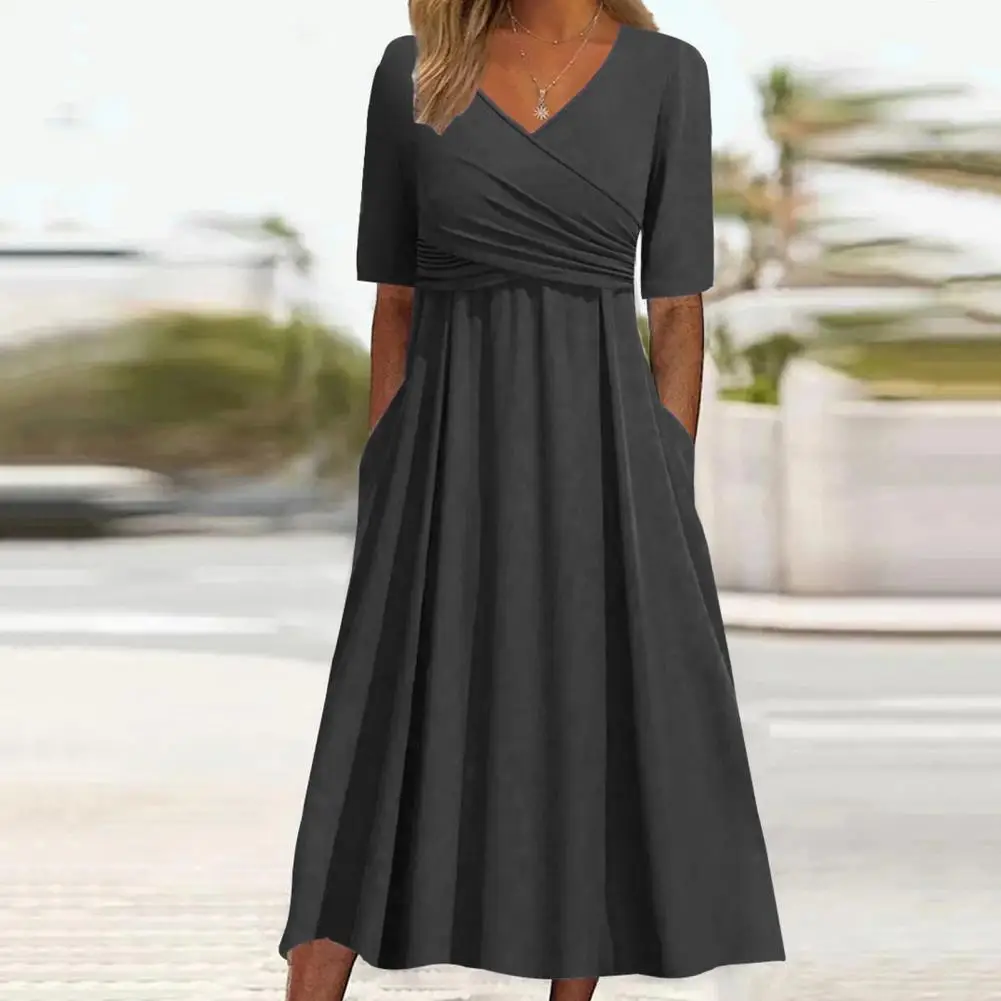 

A-line Dress Women Dress Elegant V-neck Pleated Midi Dress for Women Summer A-line Swing Style Pure Color Office Lady Ol Commute